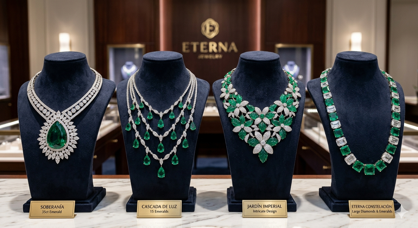 Vitrina Collares Largos Esmeralda Oro con Logo ETERNA